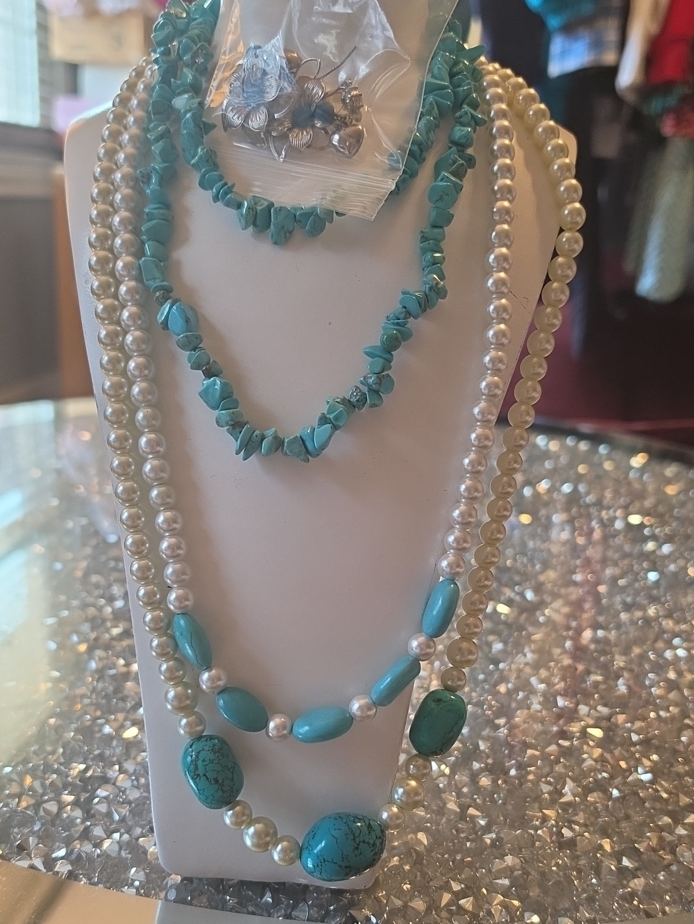 Faux Turquoise & Pearl Layered Necklaces & Earrings  Set NWOT